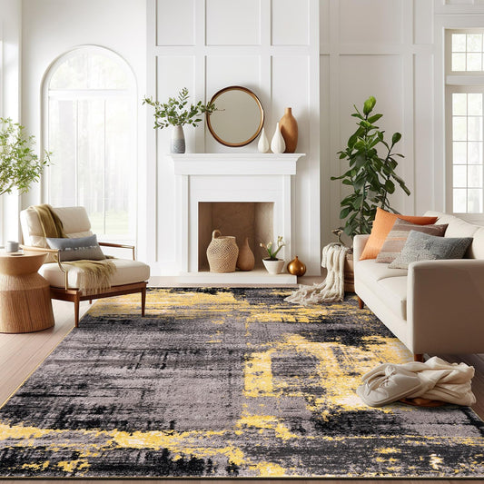 Modern Abstract Design Non Shedding Soft Ideal for Living Room,Bedroom,Kitchen Area Rug 7' 10" x 10' Yellow
