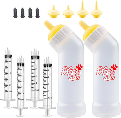 Kitten Nursing Nipple with Syringe, Wide Mouth Angled Puppy Feeding Bottles, with Ventilation Valve Resistant Tearing for Puppies, Kittens, Rabbit, Small Wildlife (L Nipple,Yellow)