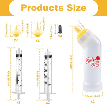 Kitten Nursing Nipple with Syringe, Wide Mouth Angled Puppy Feeding Bottles, with Ventilation Valve Resistant Tearing for Puppies, Kittens, Rabbit, Small Wildlife (L Nipple,Yellow)