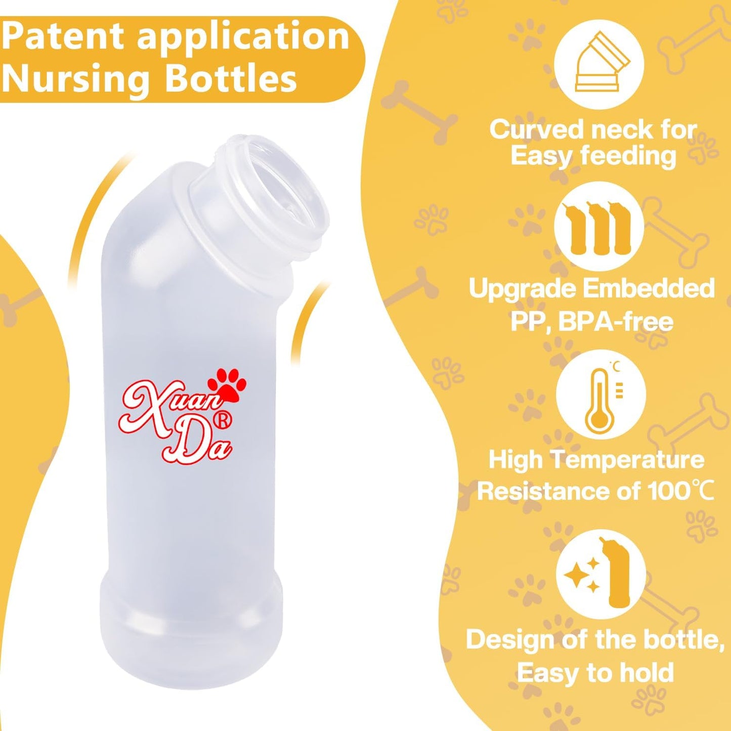 Kitten Nursing Nipple with Syringe, Wide Mouth Angled Puppy Feeding Bottles, with Ventilation Valve Resistant Tearing for Puppies, Kittens, Rabbit, Small Wildlife (L Nipple,Yellow)