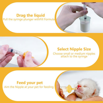Kitten Nursing Nipple with Syringe, Wide Mouth Angled Puppy Feeding Bottles, with Ventilation Valve Resistant Tearing for Puppies, Kittens, Rabbit, Small Wildlife (L Nipple,Yellow)