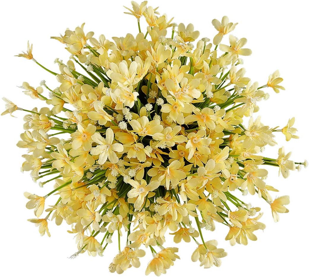 6 Bundles Artificial Daffodils Flowers, Fake Artificial Greenery UV Resistant No Fade Faux Plastic Plants for Wedding Bridle Bouquet Outdoor Home Garden Kitchen Office Table Vase (Yellow)