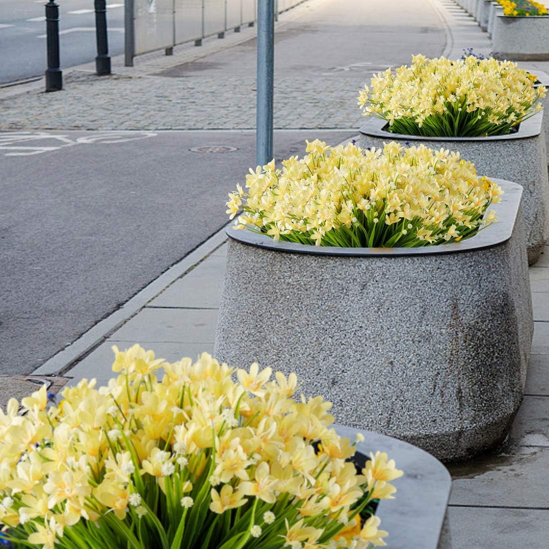 6 Bundles Artificial Daffodils Flowers, Fake Artificial Greenery UV Resistant No Fade Faux Plastic Plants for Wedding Bridle Bouquet Outdoor Home Garden Kitchen Office Table Vase (Yellow)