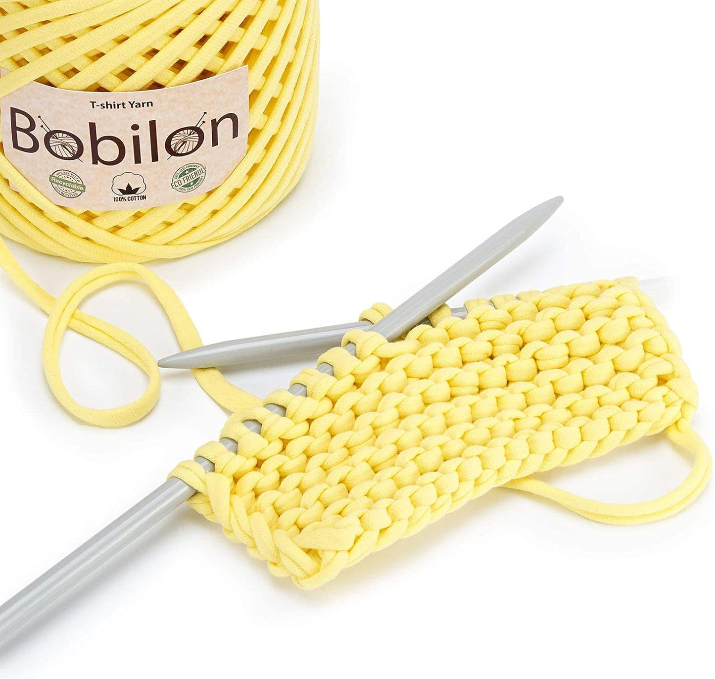 Cotton T-Shirt Yarn 7-9 mm, Crochet & Knitting - Yellow | 100% cotton t shirt yarn for crocheting, knitting & macrame; great for bags & baskets; new fabric, not recycled; 109 yds