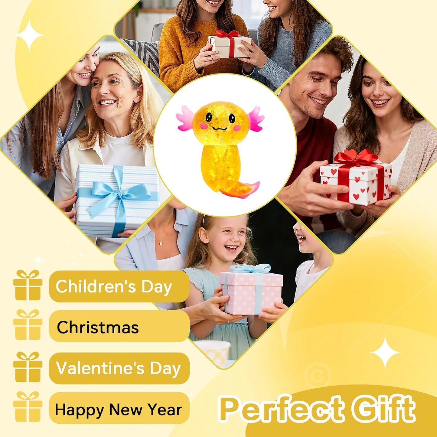 Glitter Axolotl Slow Rising Squishy Toy, Soft Sensory Squeeze for Kids Ages 3+ & Adults, Cute Fidget Toy for Party Favors, Classroom & Desk Fun(Yellow)