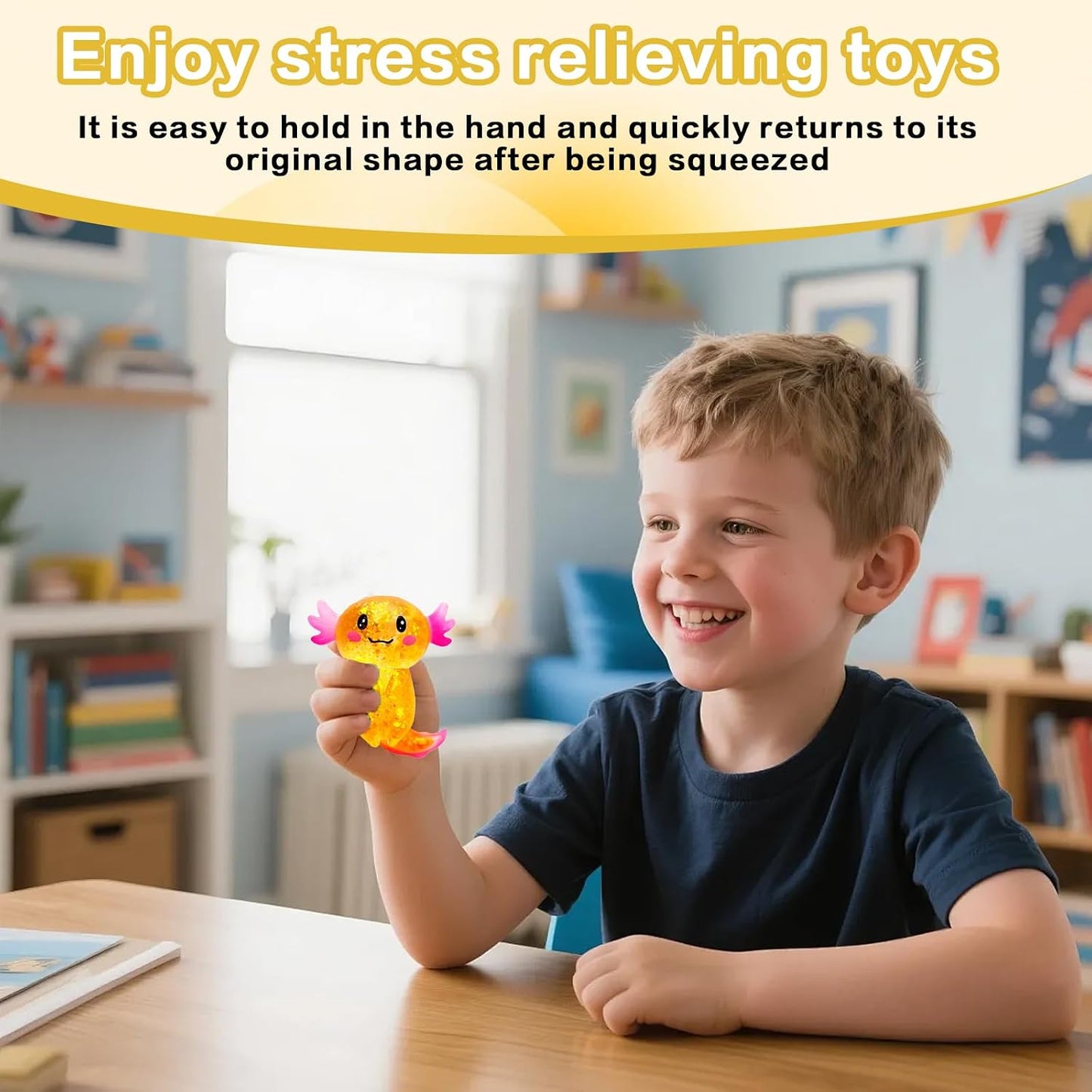 Glitter Axolotl Slow Rising Squishy Toy, Soft Sensory Squeeze for Kids Ages 3+ & Adults, Cute Fidget Toy for Party Favors, Classroom & Desk Fun(Yellow)