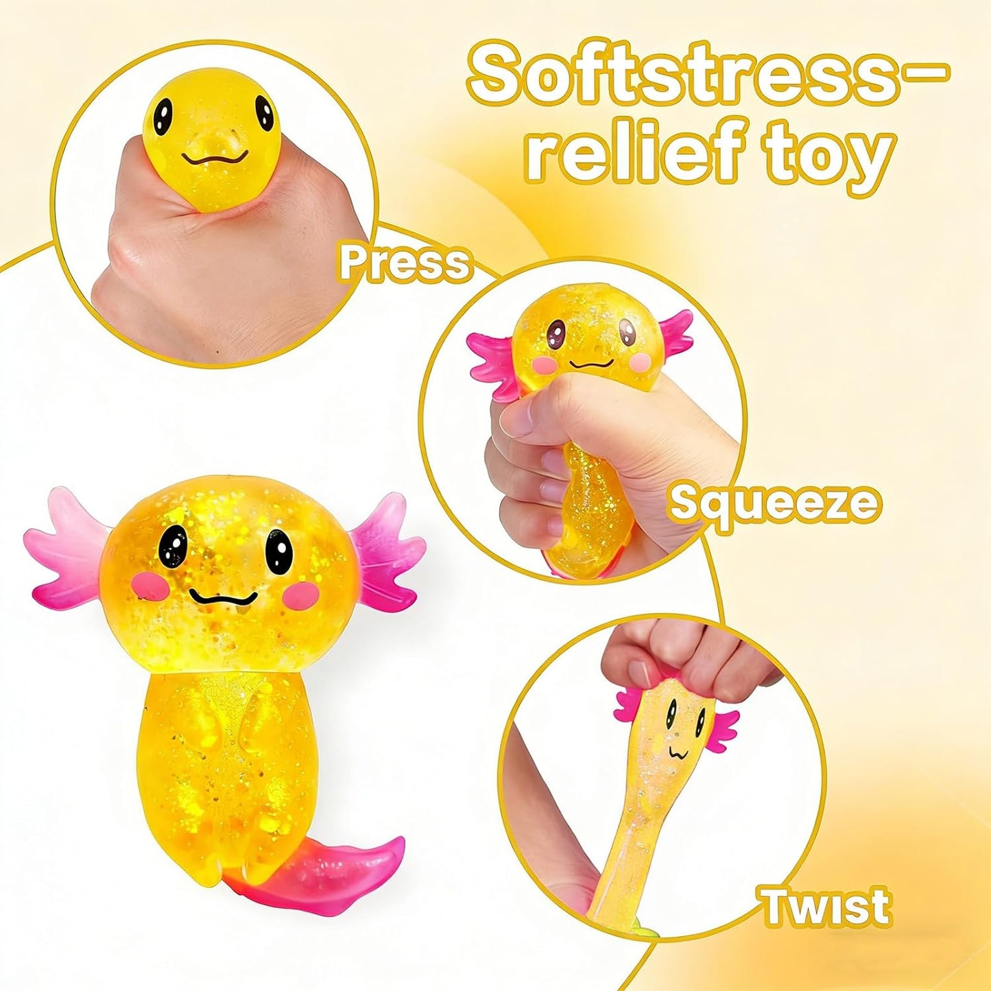 Glitter Axolotl Slow Rising Squishy Toy, Soft Sensory Squeeze for Kids Ages 3+ & Adults, Cute Fidget Toy for Party Favors, Classroom & Desk Fun(Yellow)