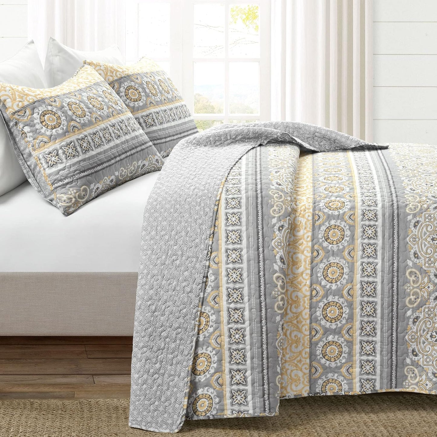 Nesco Stripe Quilt Queen Size 3 Piece Set Full/Queen Yellow & Gray - Striped Bedding Set Queen Quilt - Yellow Quilts - Boho Bedroom Decor