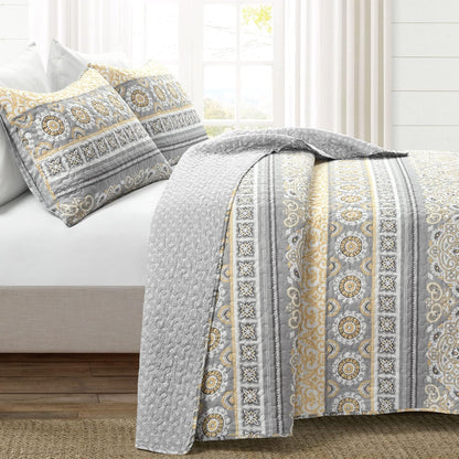 Nesco Stripe Quilt Queen Size 3 Piece Set Full/Queen Yellow & Gray - Striped Bedding Set Queen Quilt - Yellow Quilts - Boho Bedroom Decor