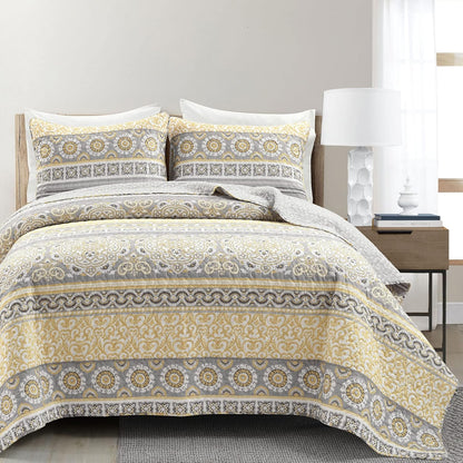 Nesco Stripe Quilt Queen Size 3 Piece Set Full/Queen Yellow & Gray - Striped Bedding Set Queen Quilt - Yellow Quilts - Boho Bedroom Decor