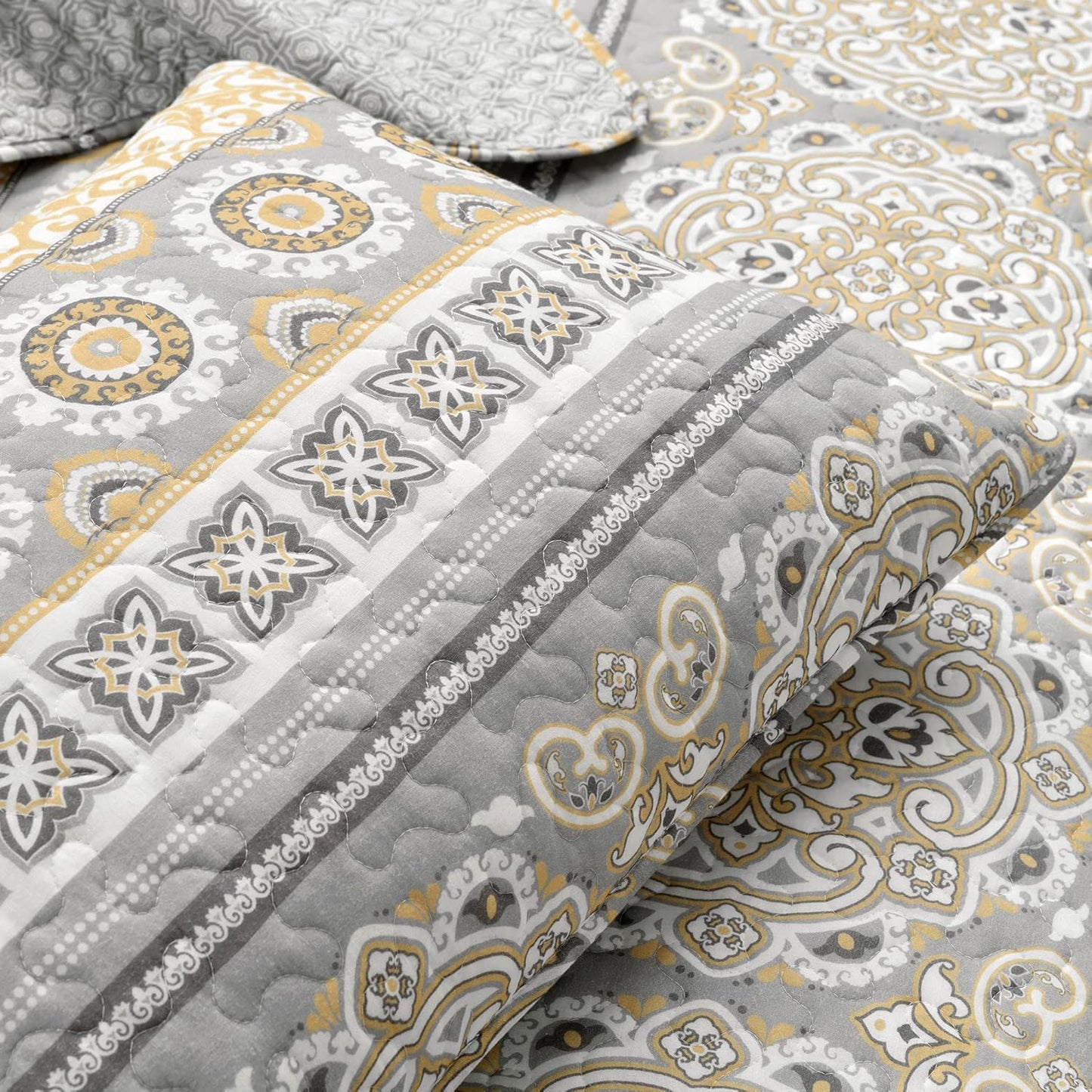 Nesco Stripe Quilt Queen Size 3 Piece Set Full/Queen Yellow & Gray - Striped Bedding Set Queen Quilt - Yellow Quilts - Boho Bedroom Decor