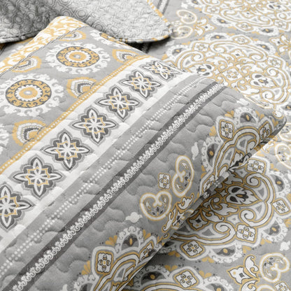 Nesco Stripe Quilt Queen Size 3 Piece Set Full/Queen Yellow & Gray - Striped Bedding Set Queen Quilt - Yellow Quilts - Boho Bedroom Decor