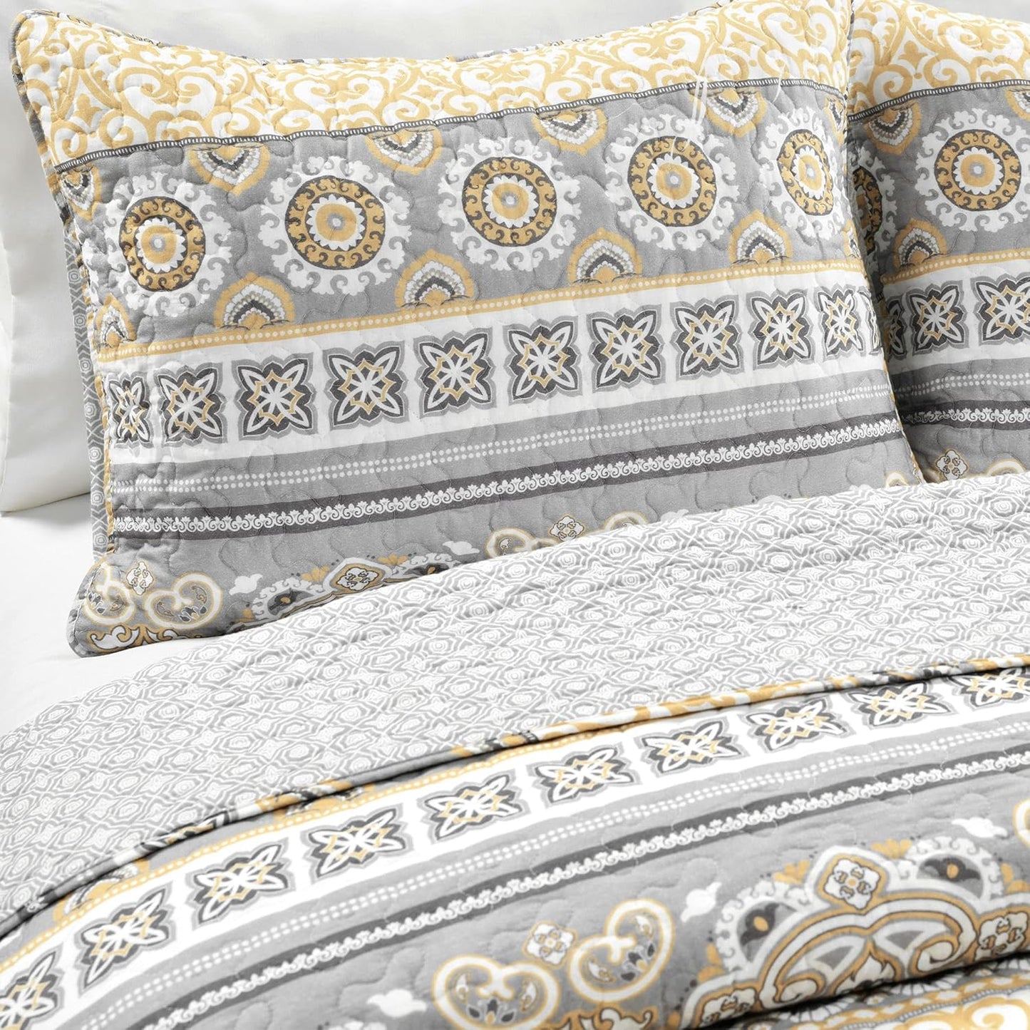Nesco Stripe Quilt Queen Size 3 Piece Set Full/Queen Yellow & Gray - Striped Bedding Set Queen Quilt - Yellow Quilts - Boho Bedroom Decor