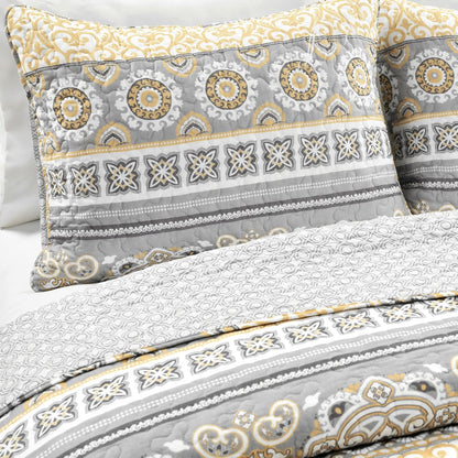 Nesco Stripe Quilt Queen Size 3 Piece Set Full/Queen Yellow & Gray - Striped Bedding Set Queen Quilt - Yellow Quilts - Boho Bedroom Decor