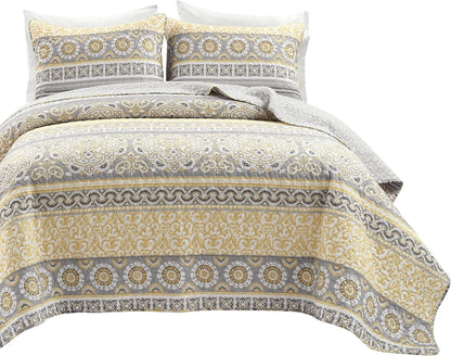 Nesco Stripe Quilt Queen Size 3 Piece Set Full/Queen Yellow & Gray - Striped Bedding Set Queen Quilt - Yellow Quilts - Boho Bedroom Decor