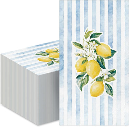 50Pcs Lemon Paper Guest Napkins Yellow Citrus Fruit Disposable Napkin Blue White Striped Dinner Hand Towel for Summer Spring Tropical Tea Party Table Decor