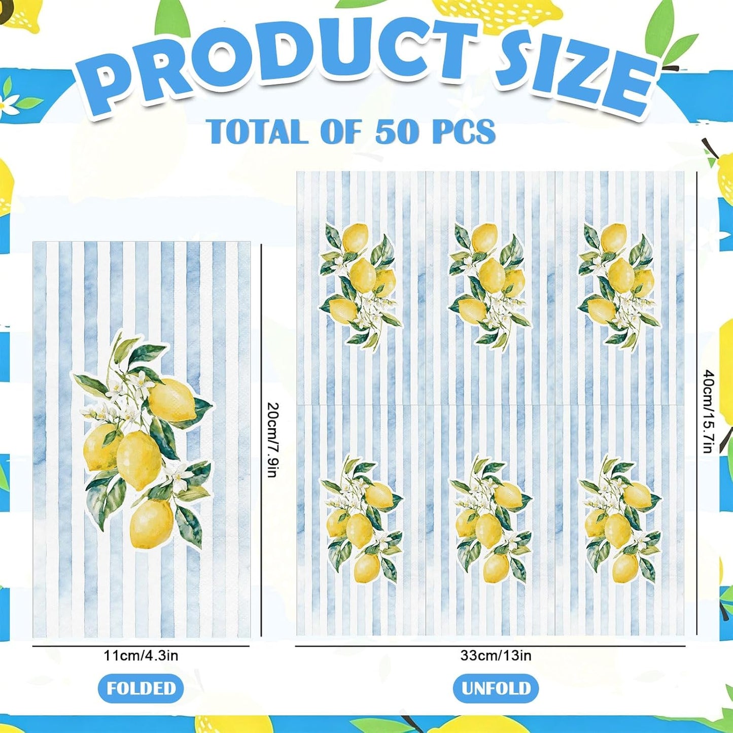 50Pcs Lemon Paper Guest Napkins Yellow Citrus Fruit Disposable Napkin Blue White Striped Dinner Hand Towel for Summer Spring Tropical Tea Party Table Decor