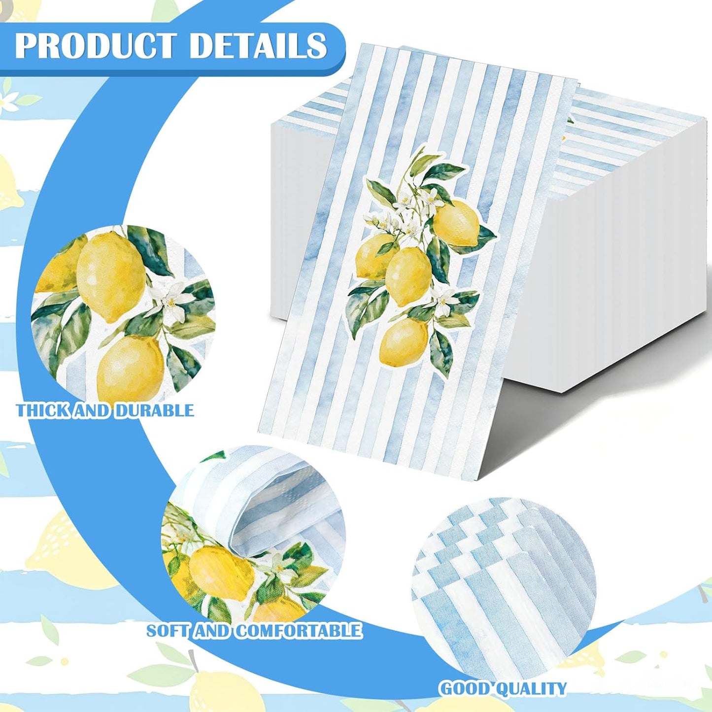 50Pcs Lemon Paper Guest Napkins Yellow Citrus Fruit Disposable Napkin Blue White Striped Dinner Hand Towel for Summer Spring Tropical Tea Party Table Decor