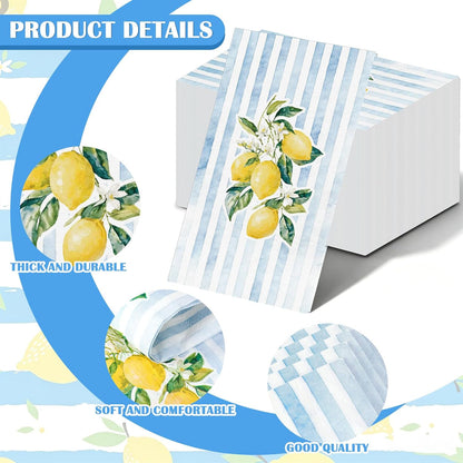 50Pcs Lemon Paper Guest Napkins Yellow Citrus Fruit Disposable Napkin Blue White Striped Dinner Hand Towel for Summer Spring Tropical Tea Party Table Decor