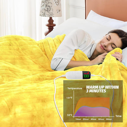 greenoak Heated Electric Blanket Throw, Faux Fur Sherpa Heating Blanket for Sofa Bed, Warm Winter Gifts for Women/Adults, Heater Lap Blankets 5-Position Timer &10 Heating Levels 50''*60" Lemon