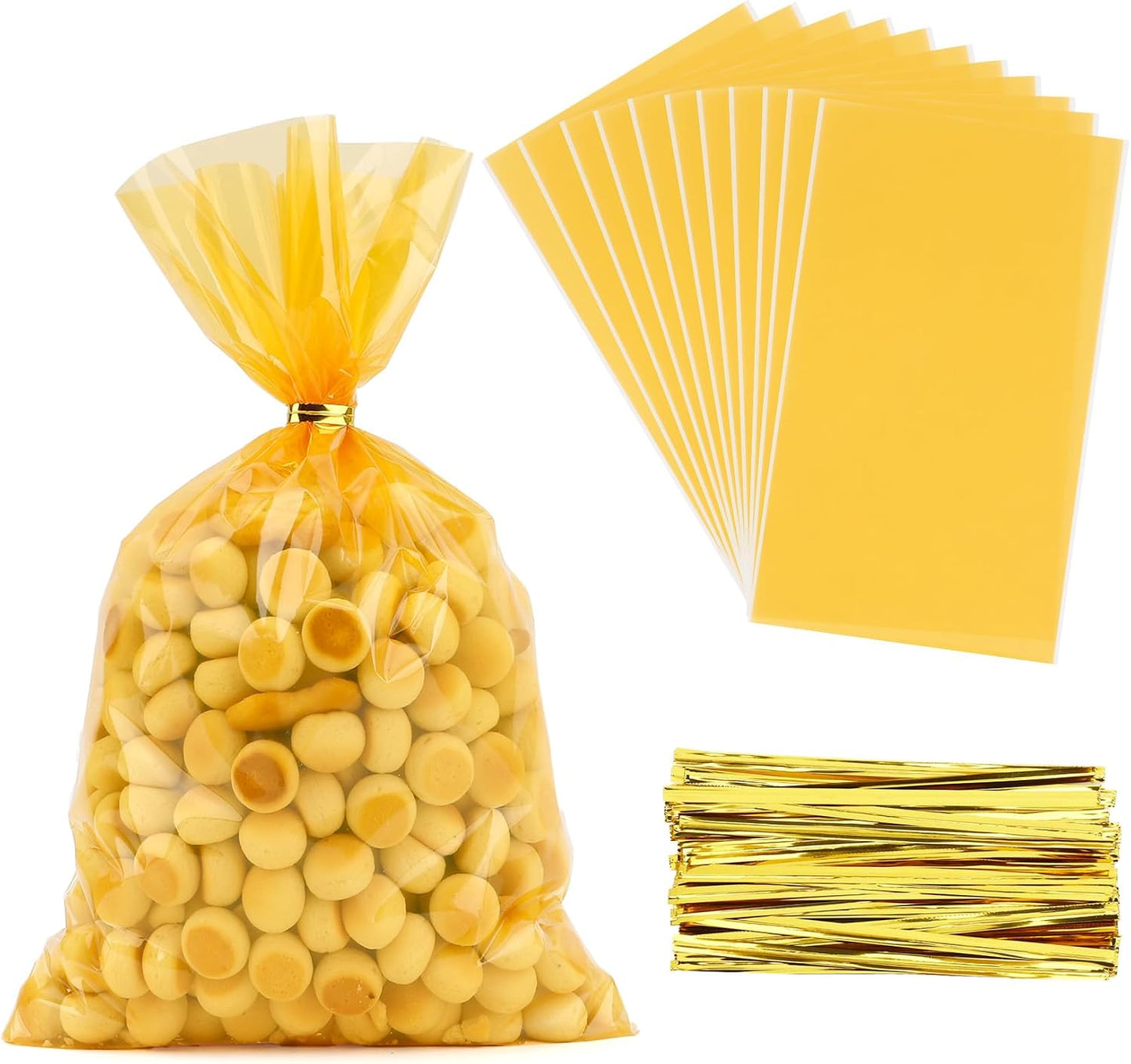 Yellow Cellophane Treat Bags, 100 PCS Clear Yellow Candy Bags, 6x9 Inch Plastic Transparent Cookie Goodie Bag Gift Snack Treat Bag with Twist Ties for Birthday Party Favor Supplies