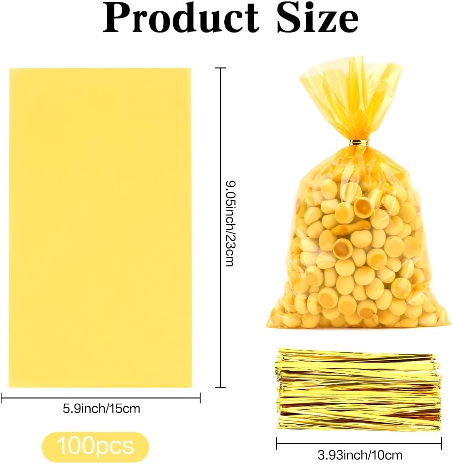 Yellow Cellophane Treat Bags, 100 PCS Clear Yellow Candy Bags, 6x9 Inch Plastic Transparent Cookie Goodie Bag Gift Snack Treat Bag with Twist Ties for Birthday Party Favor Supplies