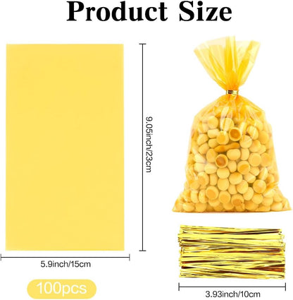 Yellow Cellophane Treat Bags, 100 PCS Clear Yellow Candy Bags, 6x9 Inch Plastic Transparent Cookie Goodie Bag Gift Snack Treat Bag with Twist Ties for Birthday Party Favor Supplies