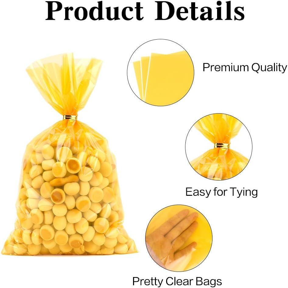 Yellow Cellophane Treat Bags, 100 PCS Clear Yellow Candy Bags, 6x9 Inch Plastic Transparent Cookie Goodie Bag Gift Snack Treat Bag with Twist Ties for Birthday Party Favor Supplies