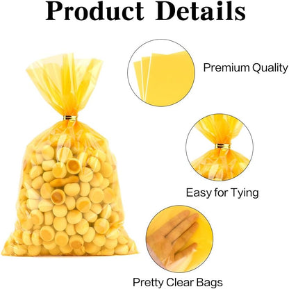 Yellow Cellophane Treat Bags, 100 PCS Clear Yellow Candy Bags, 6x9 Inch Plastic Transparent Cookie Goodie Bag Gift Snack Treat Bag with Twist Ties for Birthday Party Favor Supplies