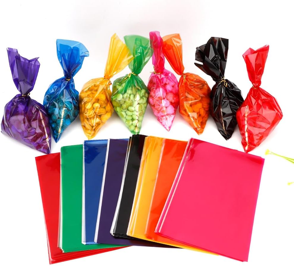 Yellow Cellophane Treat Bags, 100 PCS Clear Yellow Candy Bags, 6x9 Inch Plastic Transparent Cookie Goodie Bag Gift Snack Treat Bag with Twist Ties for Birthday Party Favor Supplies