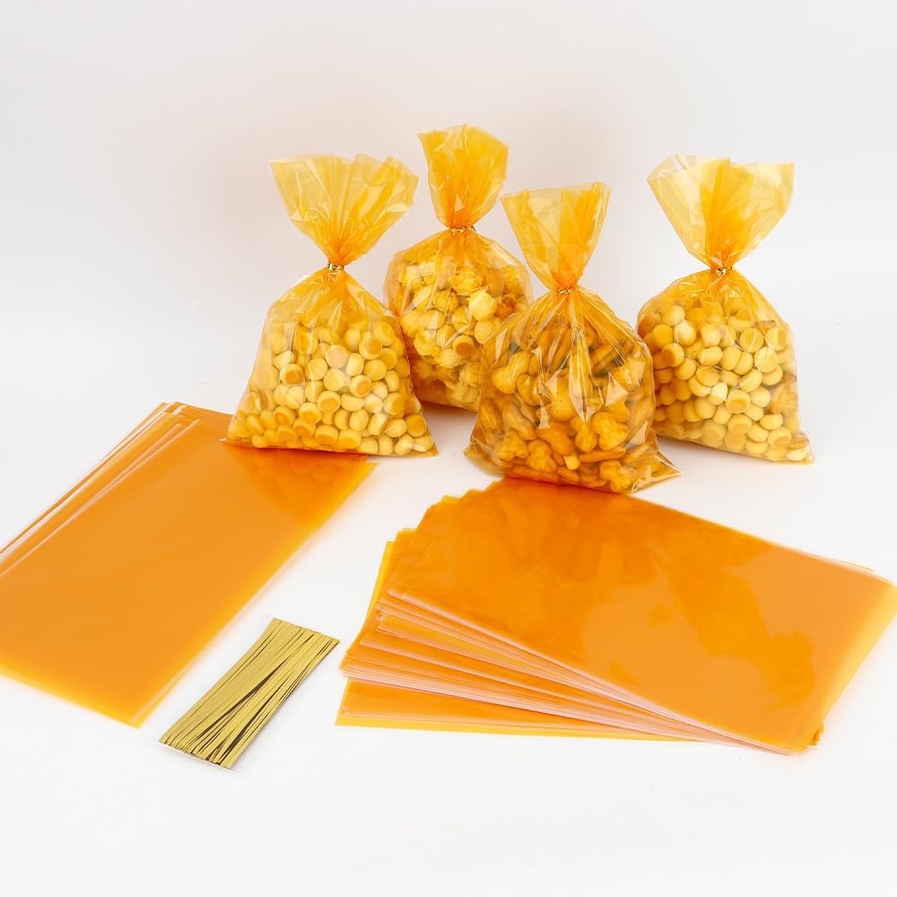 Yellow Cellophane Treat Bags, 100 PCS Clear Yellow Candy Bags, 6x9 Inch Plastic Transparent Cookie Goodie Bag Gift Snack Treat Bag with Twist Ties for Birthday Party Favor Supplies