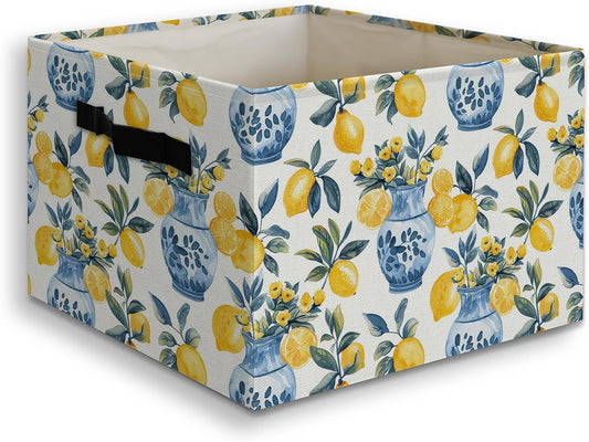 Chinoiserie Italian Lemon Floral Foldable Storage Bins Box with Handles, Mediterranean Blue and White Lemon Botanical Collapsible Organizer Basket for Bedroom Bathroom Clothes Toys Books