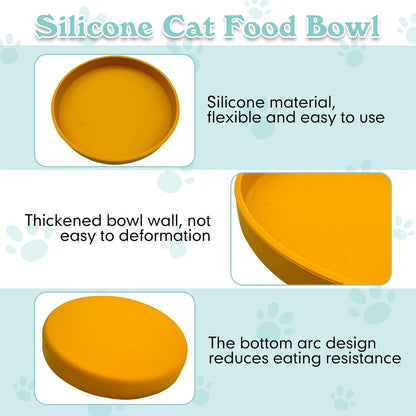 Silicone Dog Bowl Shallow Cat Food Bowls 7" Wide Puppy Plates Whisker Fatigue Pet Feeding Dishes Set of 2 for Dry Food and Wet Food Indoor (Round Yellow)