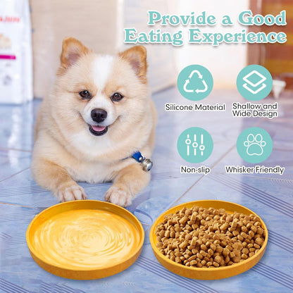 Silicone Dog Bowl Shallow Cat Food Bowls 7" Wide Puppy Plates Whisker Fatigue Pet Feeding Dishes Set of 2 for Dry Food and Wet Food Indoor (Round Yellow)