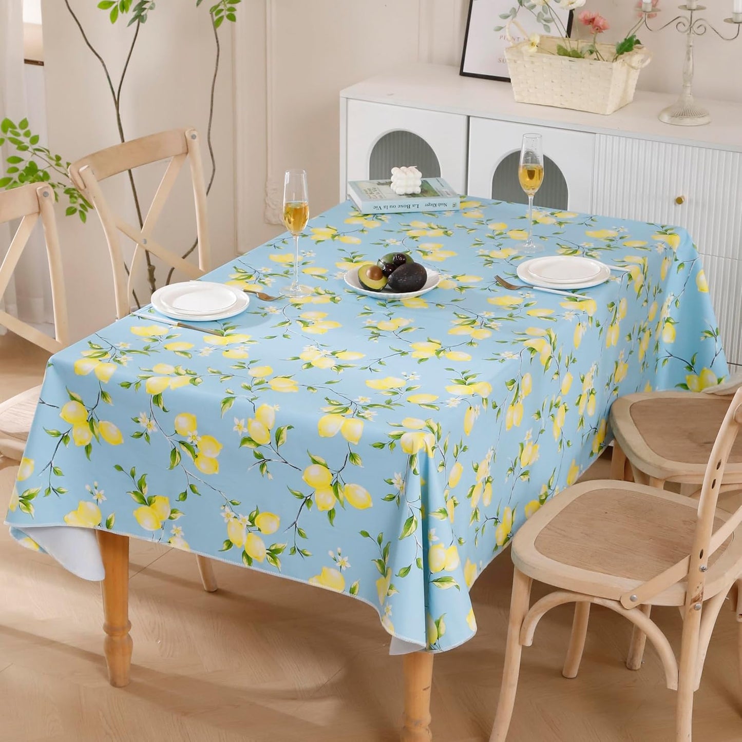 Walrus Heavy Duty Vinyl Tablecloth with Flannel Backing Waterproof Oil-Proof Plastic Table Cloth Stain-Resistant Wipeable Rectangle or Square Table Cover for Indoor and Outdoor (Lemon, 60x102 Inch)