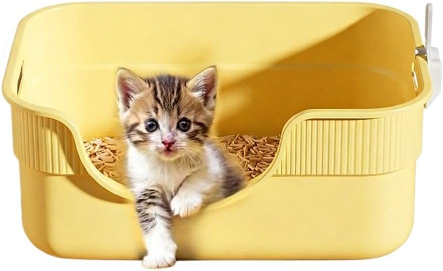 Low Entry Cat Litter Box for Kittens & Small Cats, High Sides Open Top Litter Pan, Anti-Splash Plastic Cat Toilet, Easy Clean Pet Litter Box for Medium Cats 16.54''LX11.81''WX7.09''H(Yellow)