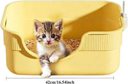 Low Entry Cat Litter Box for Kittens & Small Cats, High Sides Open Top Litter Pan, Anti-Splash Plastic Cat Toilet, Easy Clean Pet Litter Box for Medium Cats 16.54''LX11.81''WX7.09''H(Yellow)