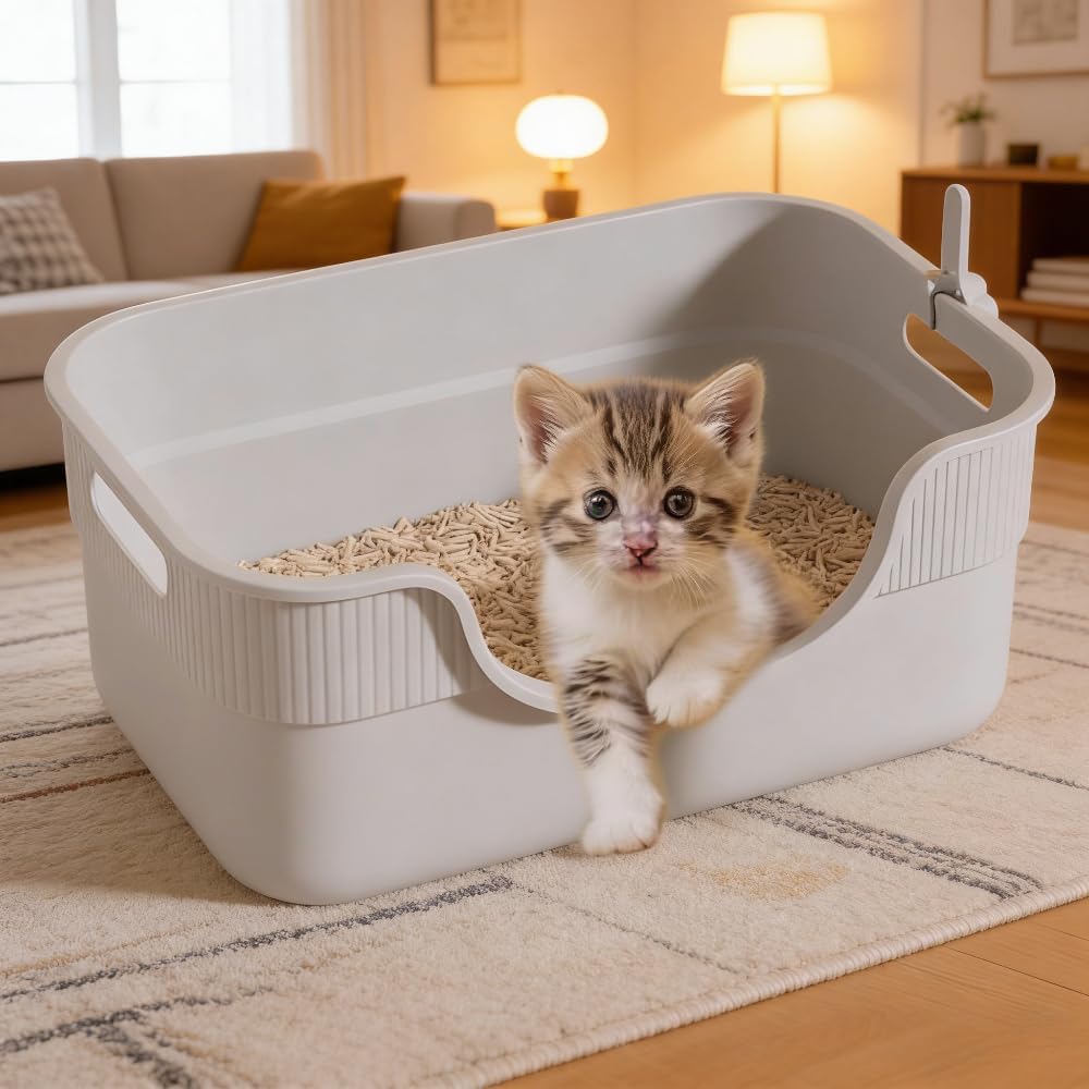 Low Entry Cat Litter Box for Kittens & Small Cats, High Sides Open Top Litter Pan, Anti-Splash Plastic Cat Toilet, Easy Clean Pet Litter Box for Medium Cats 16.54''LX11.81''WX7.09''H(Yellow)