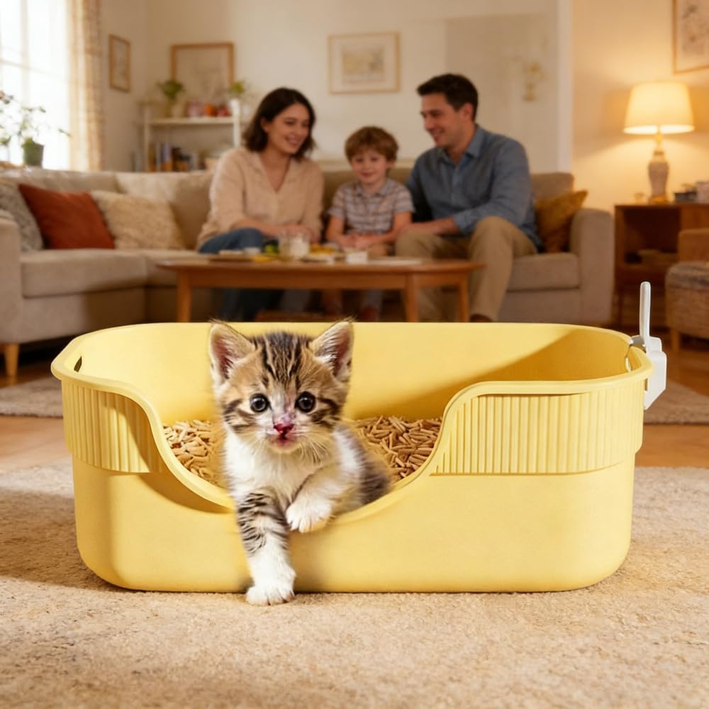 Low Entry Cat Litter Box for Kittens & Small Cats, High Sides Open Top Litter Pan, Anti-Splash Plastic Cat Toilet, Easy Clean Pet Litter Box for Medium Cats 16.54''LX11.81''WX7.09''H(Yellow)
