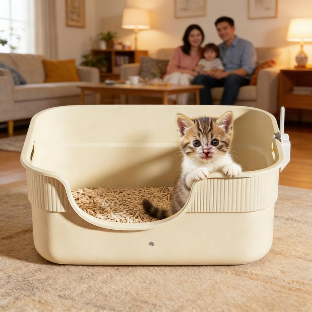 Low Entry Cat Litter Box for Kittens & Small Cats, High Sides Open Top Litter Pan, Anti-Splash Plastic Cat Toilet, Easy Clean Pet Litter Box for Medium Cats 16.54''LX11.81''WX7.09''H(Yellow)
