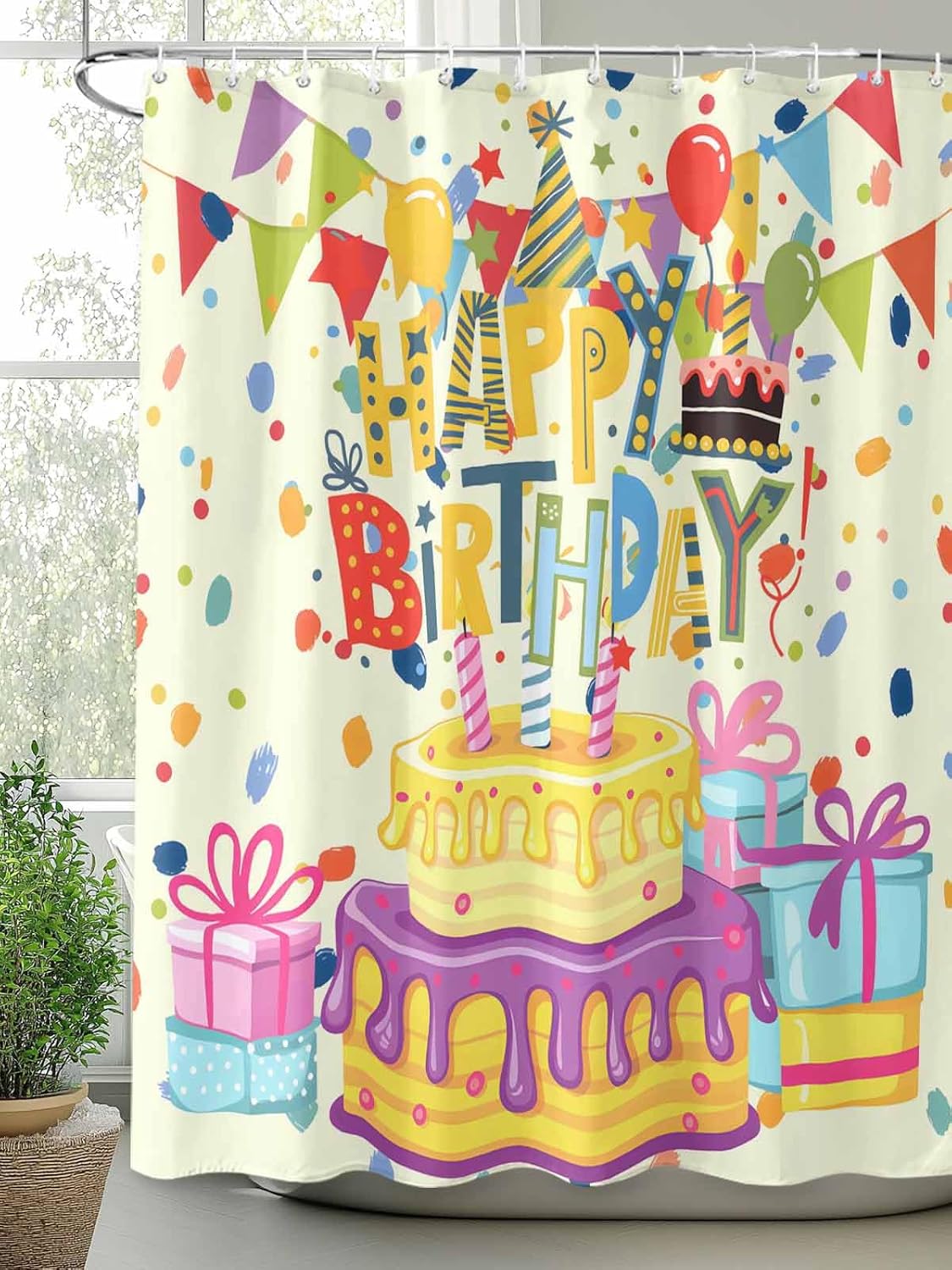 Happy Birthday Shower Curtains for Bathroom,Waterproof Fabric Shower Curtain with Hooks, Beige Balloon Ribbon Cake Water Repellent Bath Curtain for Home Hotel Bathtub Decor 48 x 72inch