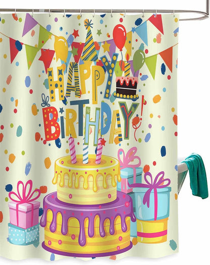 Happy Birthday Shower Curtains for Bathroom,Waterproof Fabric Shower Curtain with Hooks, Beige Balloon Ribbon Cake Water Repellent Bath Curtain for Home Hotel Bathtub Decor 48 x 72inch