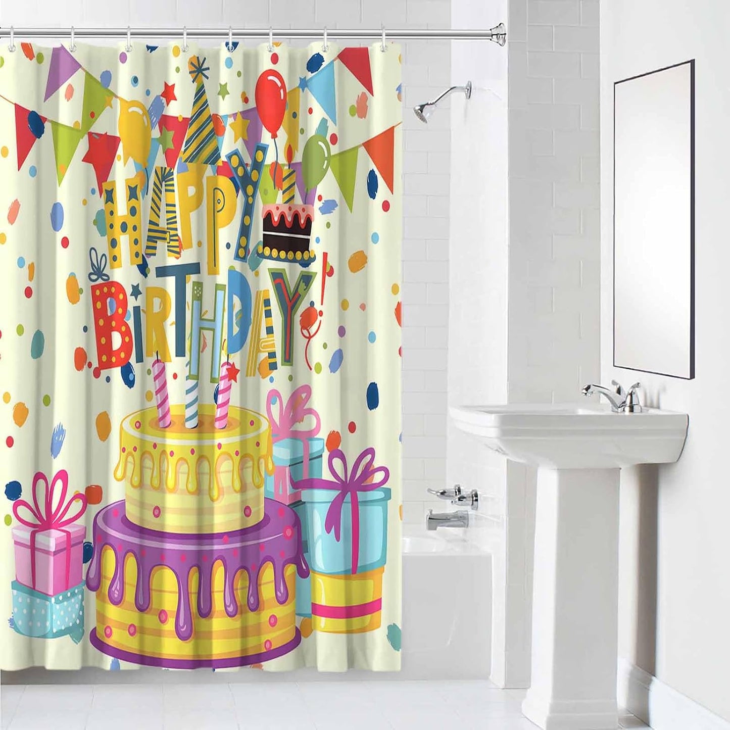 Happy Birthday Shower Curtains for Bathroom,Waterproof Fabric Shower Curtain with Hooks, Beige Balloon Ribbon Cake Water Repellent Bath Curtain for Home Hotel Bathtub Decor 48 x 72inch