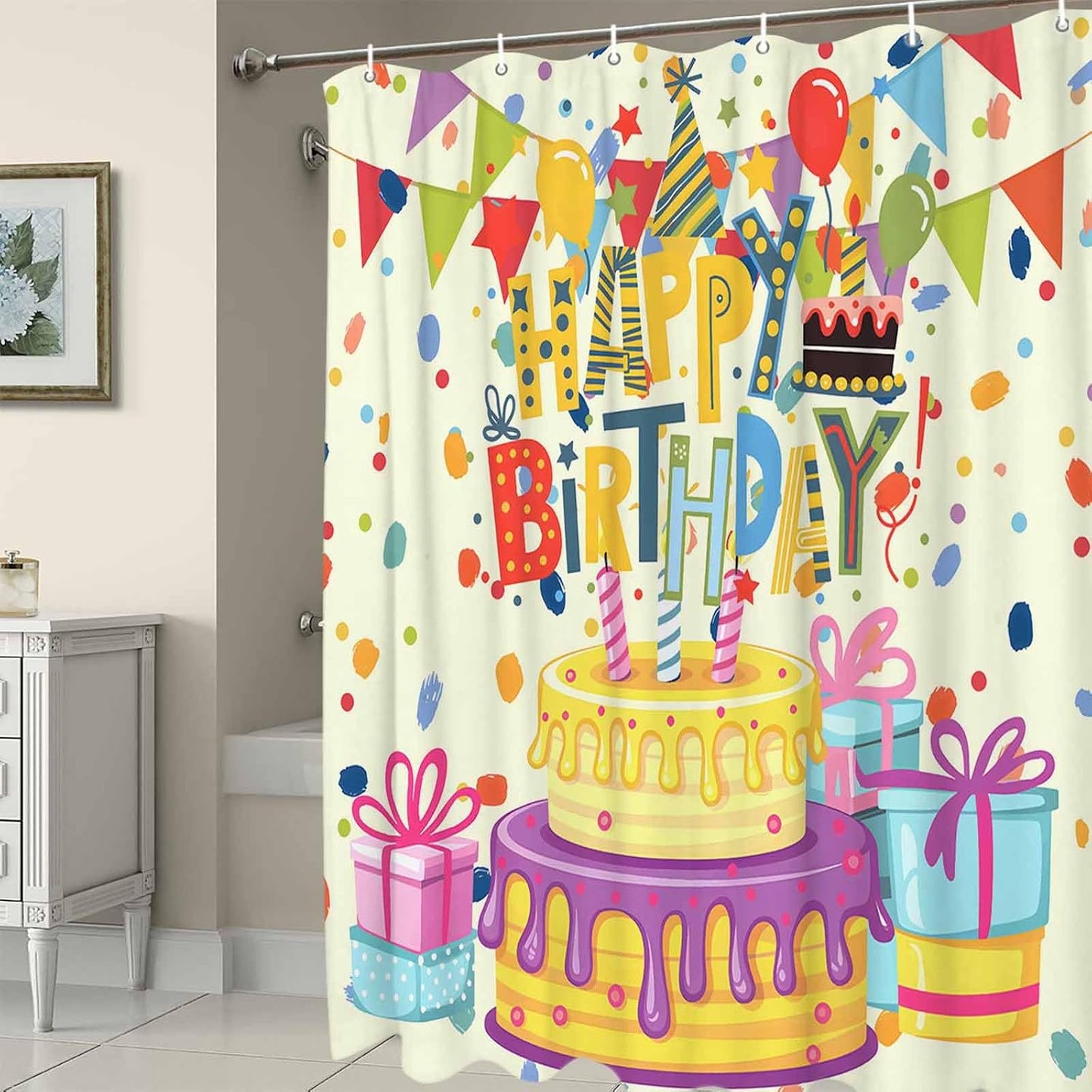 Happy Birthday Shower Curtains for Bathroom,Waterproof Fabric Shower Curtain with Hooks, Beige Balloon Ribbon Cake Water Repellent Bath Curtain for Home Hotel Bathtub Decor 48 x 72inch