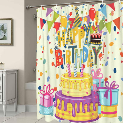 Happy Birthday Shower Curtains for Bathroom,Waterproof Fabric Shower Curtain with Hooks, Beige Balloon Ribbon Cake Water Repellent Bath Curtain for Home Hotel Bathtub Decor 48 x 72inch