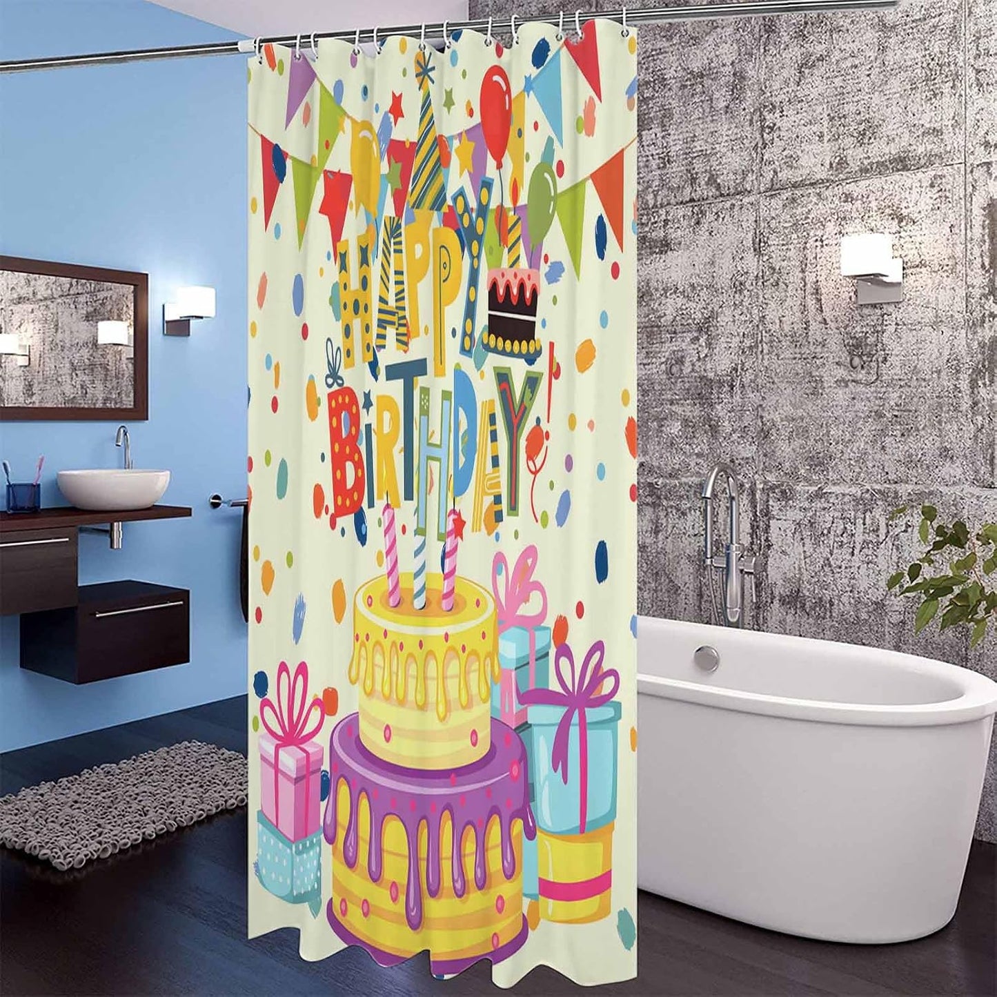 Happy Birthday Shower Curtains for Bathroom,Waterproof Fabric Shower Curtain with Hooks, Beige Balloon Ribbon Cake Water Repellent Bath Curtain for Home Hotel Bathtub Decor 48 x 72inch