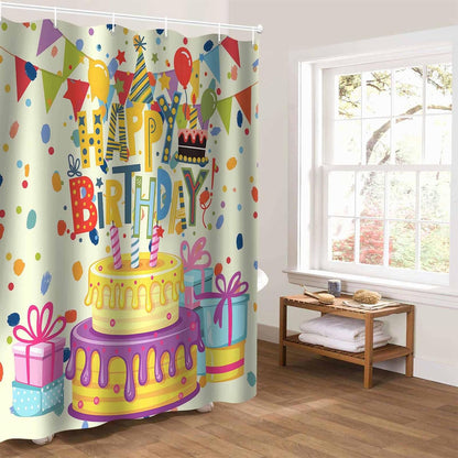 Happy Birthday Shower Curtains for Bathroom,Waterproof Fabric Shower Curtain with Hooks, Beige Balloon Ribbon Cake Water Repellent Bath Curtain for Home Hotel Bathtub Decor 48 x 72inch