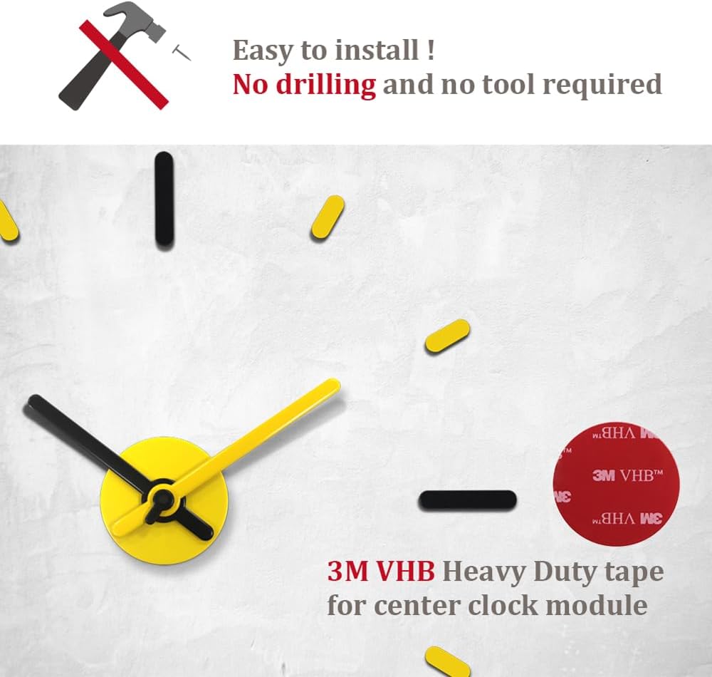 Large Frameless DIY Wall Clock | Modern Home & Office Décor, Silent Non-Ticking, Yellow & Black, Wall Décor for Living Room, Bedroom & Kitchen