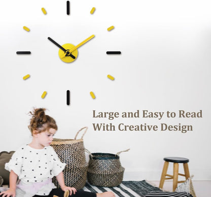 Large Frameless DIY Wall Clock | Modern Home & Office Décor, Silent Non-Ticking, Yellow & Black, Wall Décor for Living Room, Bedroom & Kitchen