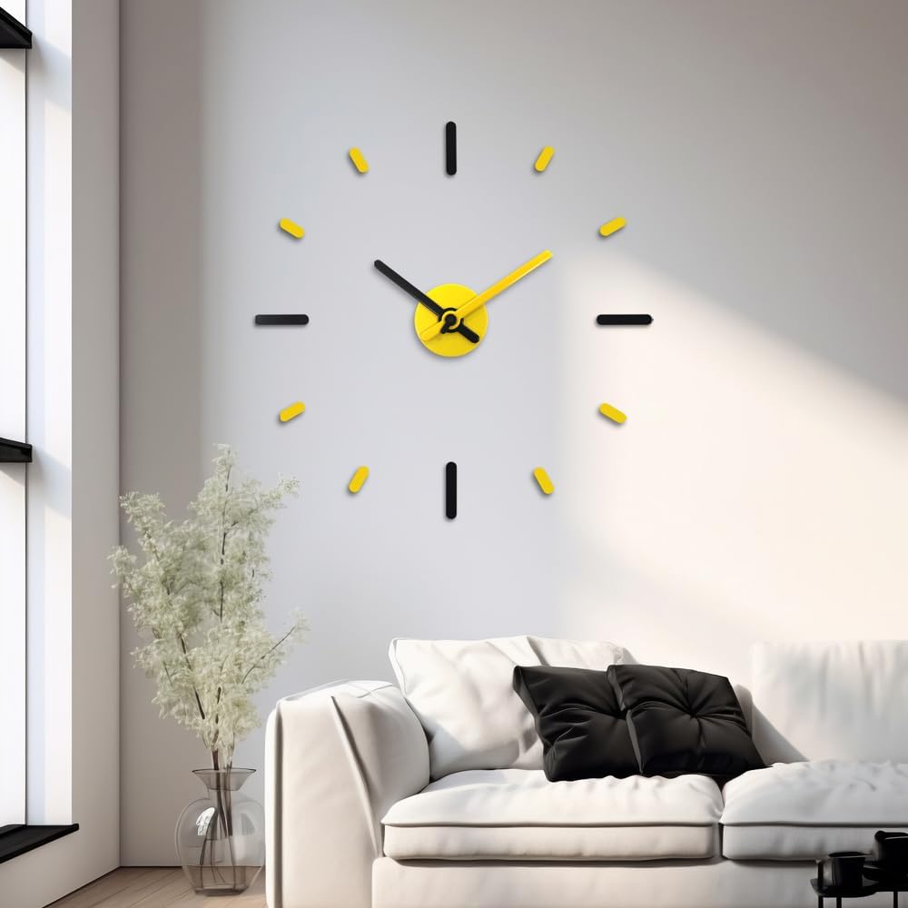 Large Frameless DIY Wall Clock | Modern Home & Office Décor, Silent Non-Ticking, Yellow & Black, Wall Décor for Living Room, Bedroom & Kitchen